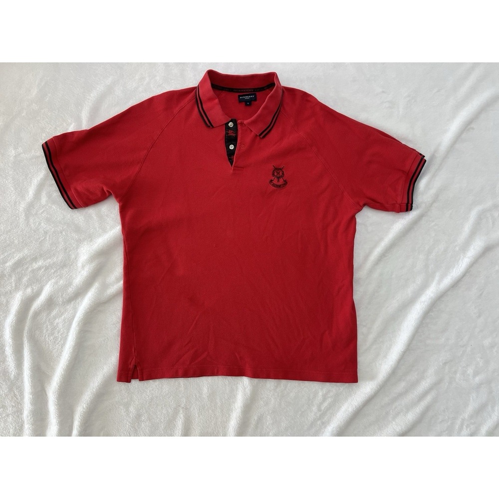 Rare Burberry Golf Polo Shirt Red St Andrews Links Logo Size L